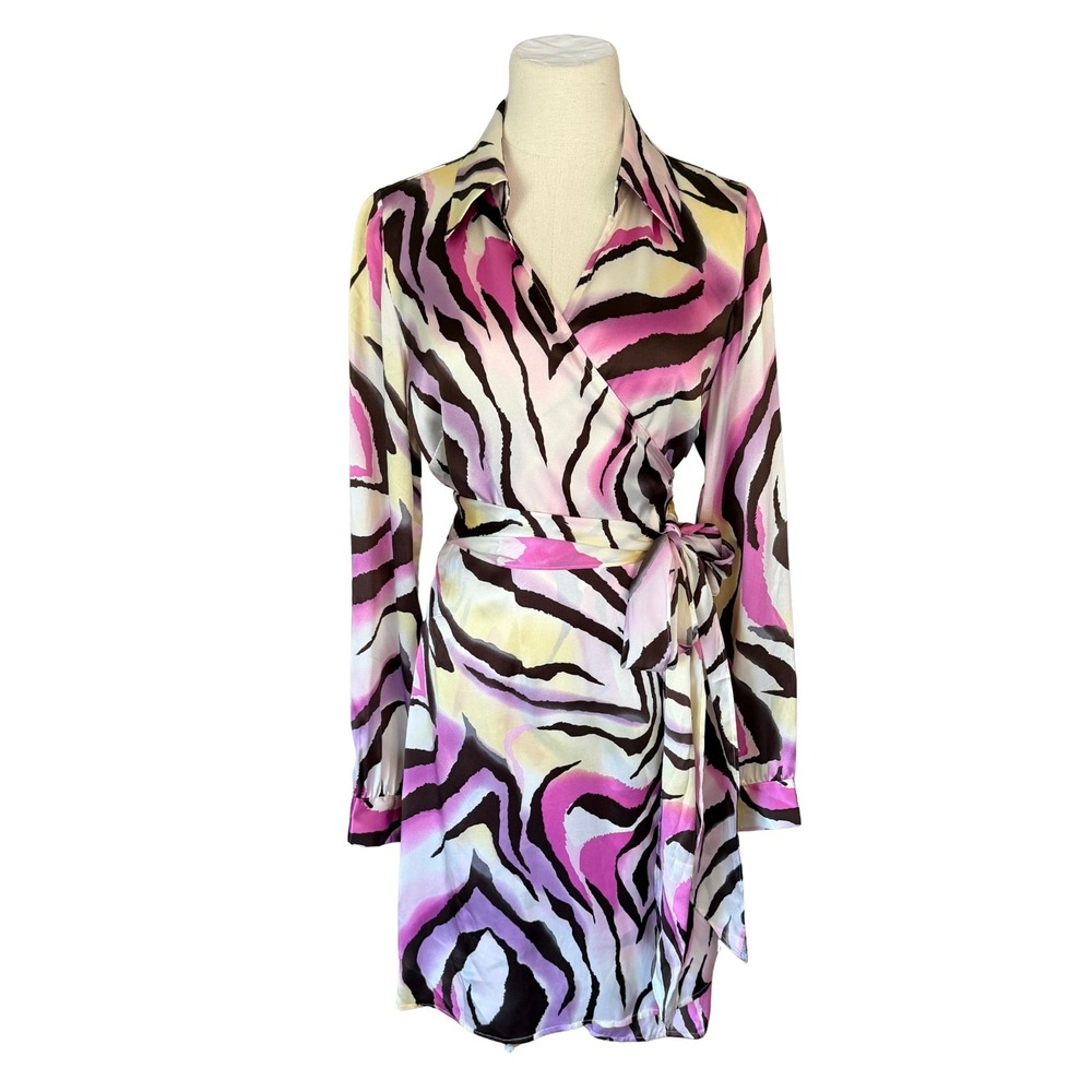 Andrea Behar Boston Proper 100% Silk V Neck Wrap Dress Pink Zebra Print Size 14